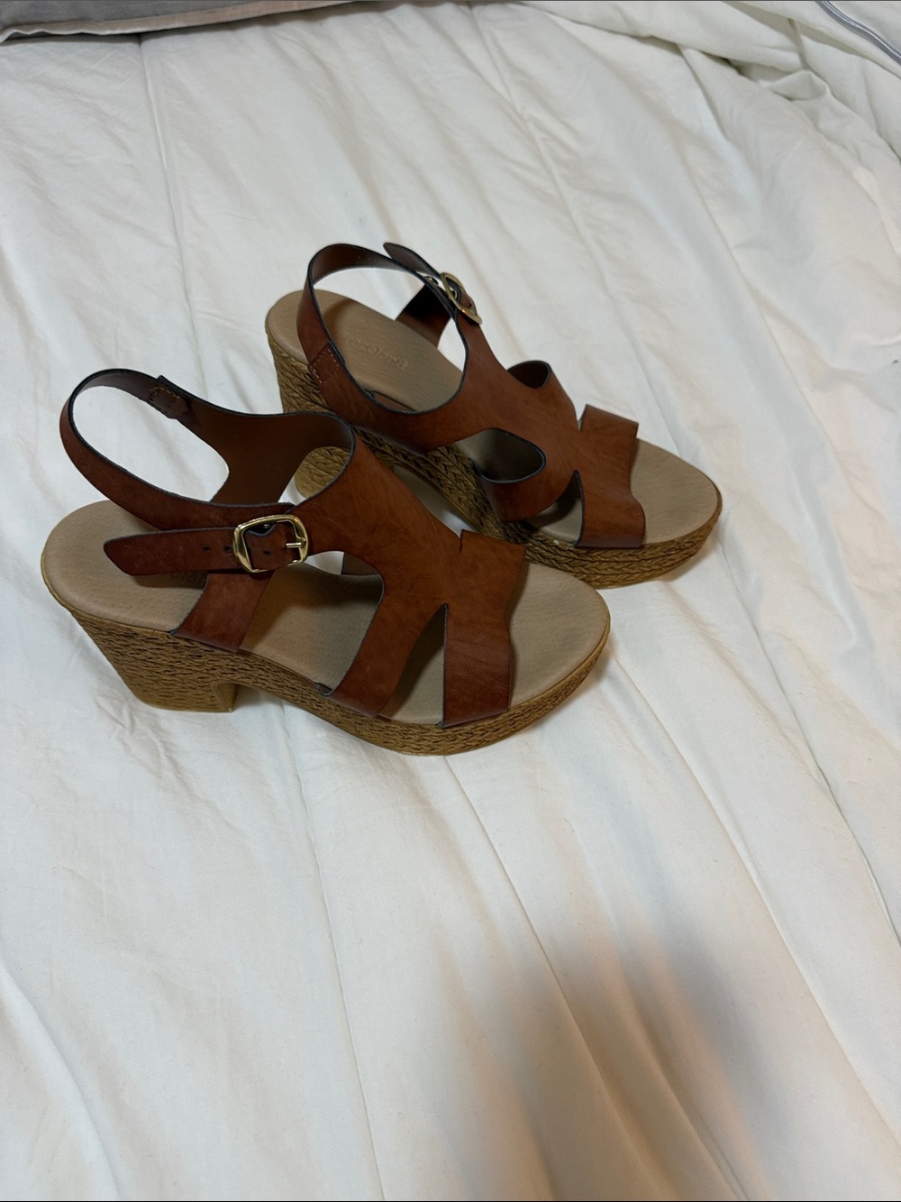 Womens Brown Leather Slingback Wedge Sandals